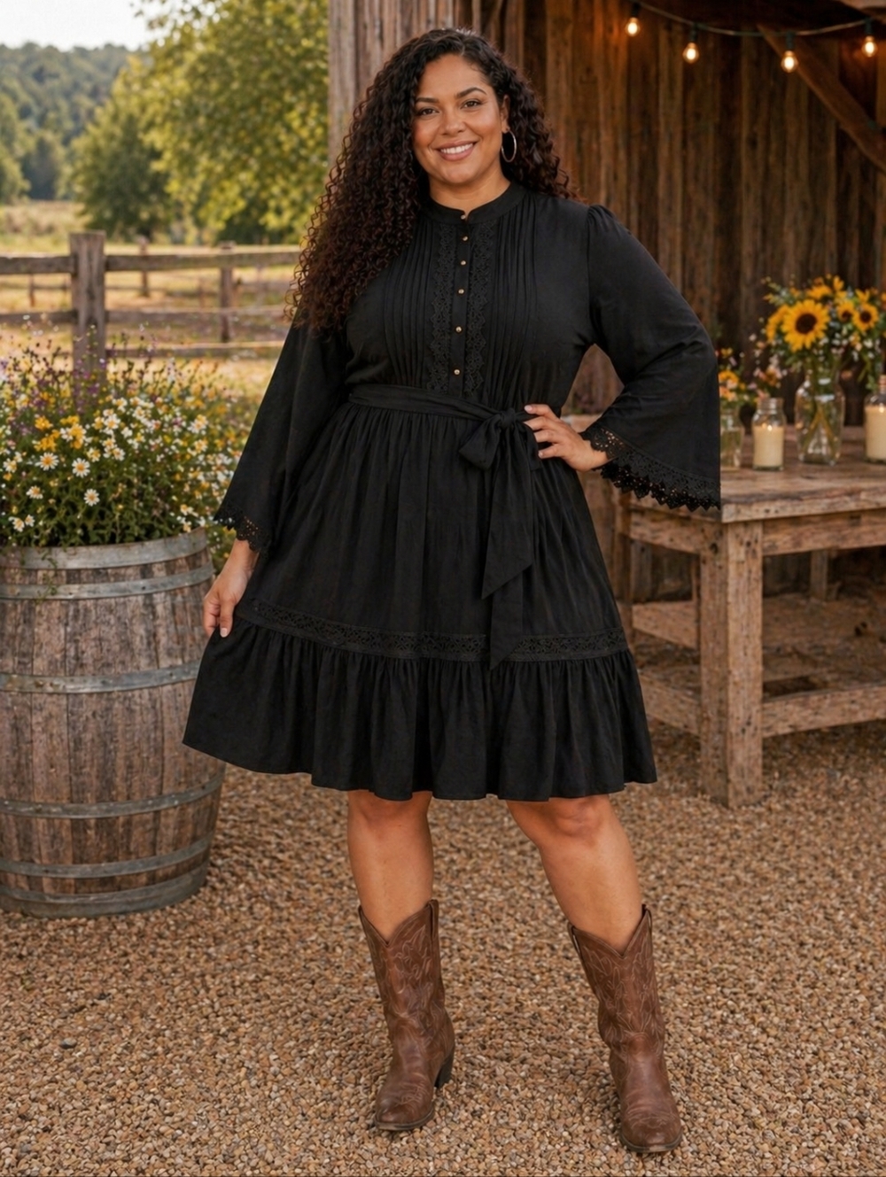 City Chic NWT Black Boho Mini Dress Size 18 | Lace Trim Bell Sleeve Tie Waist
